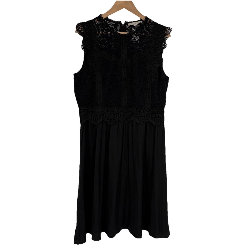 Loft Women Sleeveless Lace Bodice Midi Dress 12 Black Satin Dark Romantic Preppy